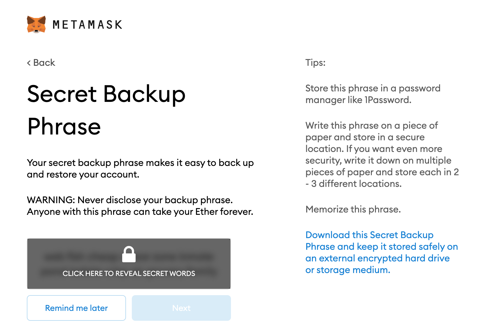 Fig. 4. secret backup phrase.